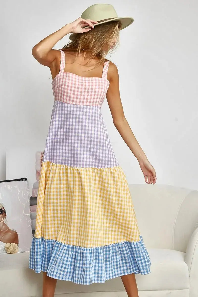BiBi Color Block Tiered Gingham Dress for Summer Fun - Love Salve